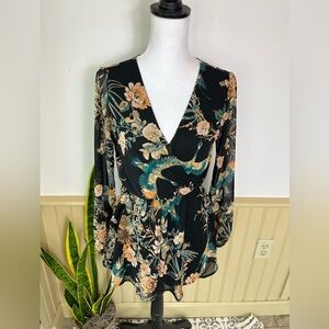MOD Crane Floral Long Sleeve Romper Black Small Indie Boho Festival
